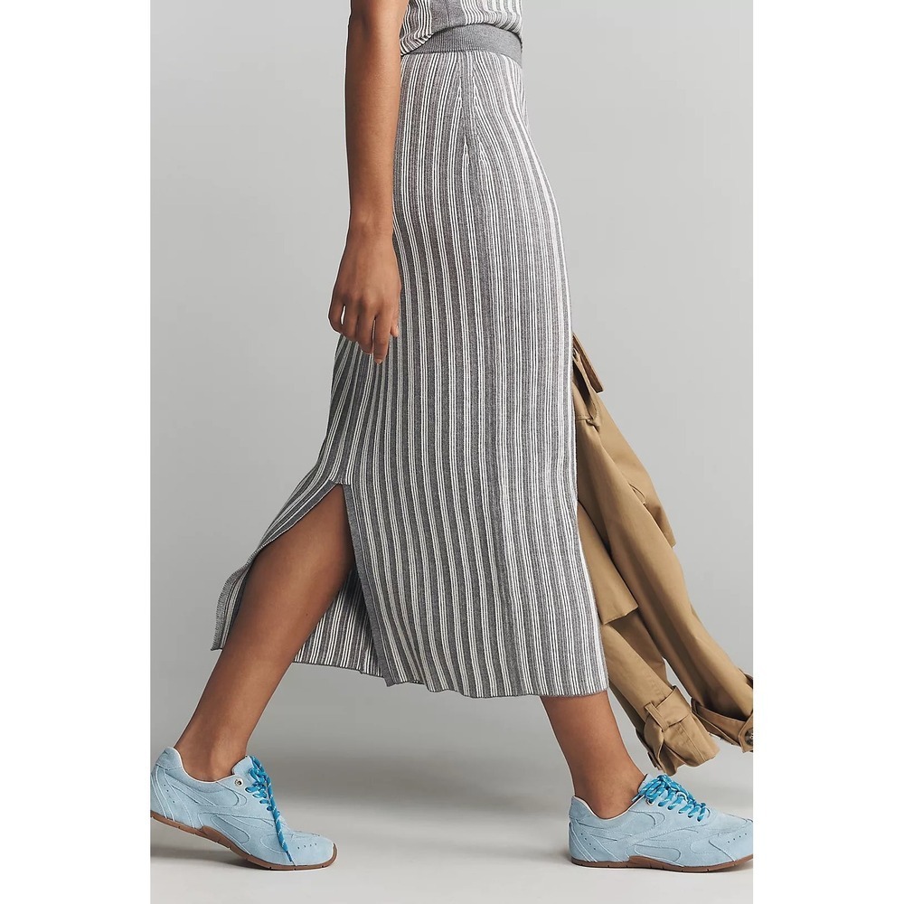 Varley Knit Skirt Midi Mairead Ribbed NWT S Silver Striped Slit Anthropologie